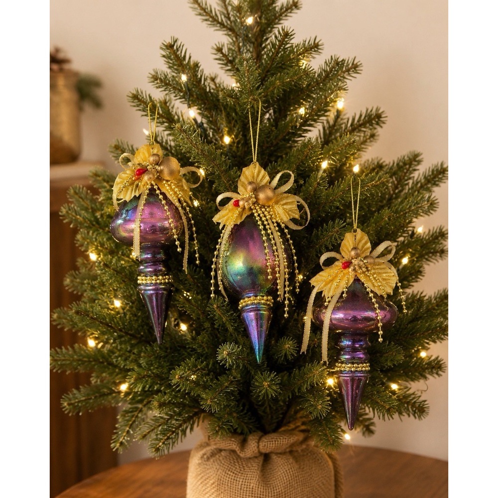 Christmas Ornament Lot 3 Iridescent Purple Plastic Finial Gold Reindeer Beaded